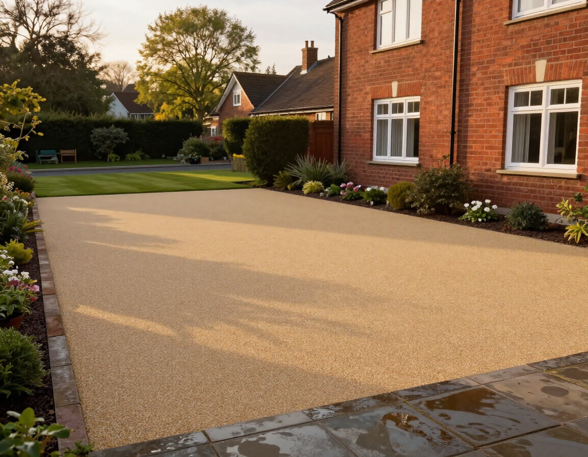 Freshly resurfaced tan driveway beside a red brick house and garden in warm evening light
