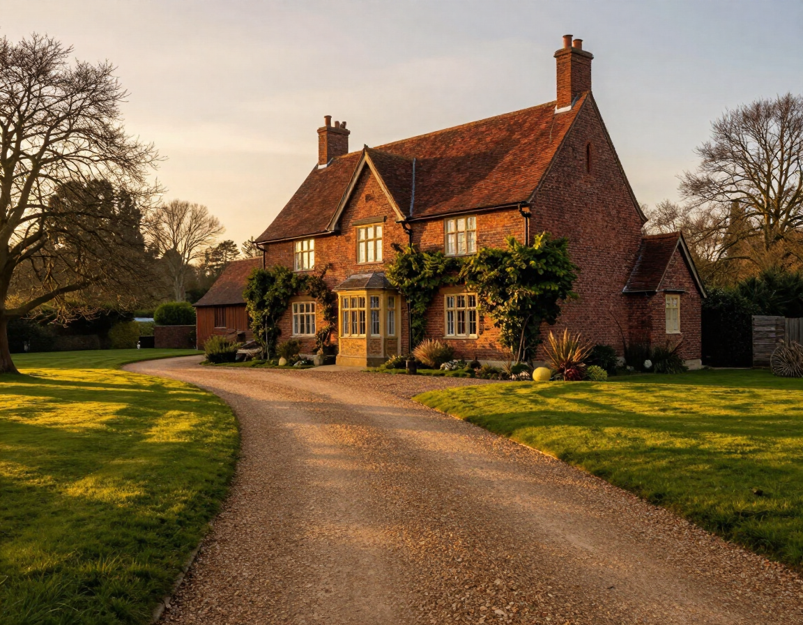 Brick cottage with ivy and lit windows beside a winding gravel drive at sunset