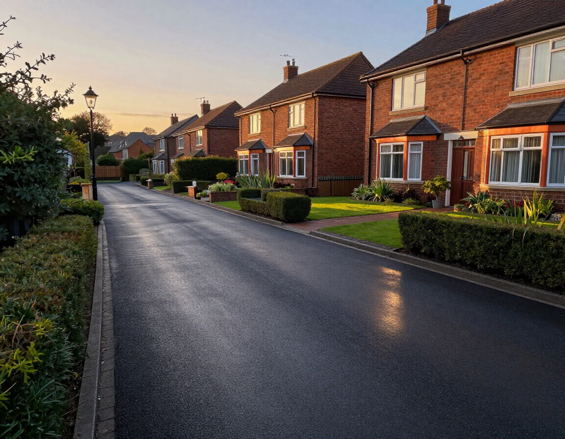 Quiet residential street lined with brick houses at sunset, with wet pavement reflecting the light.