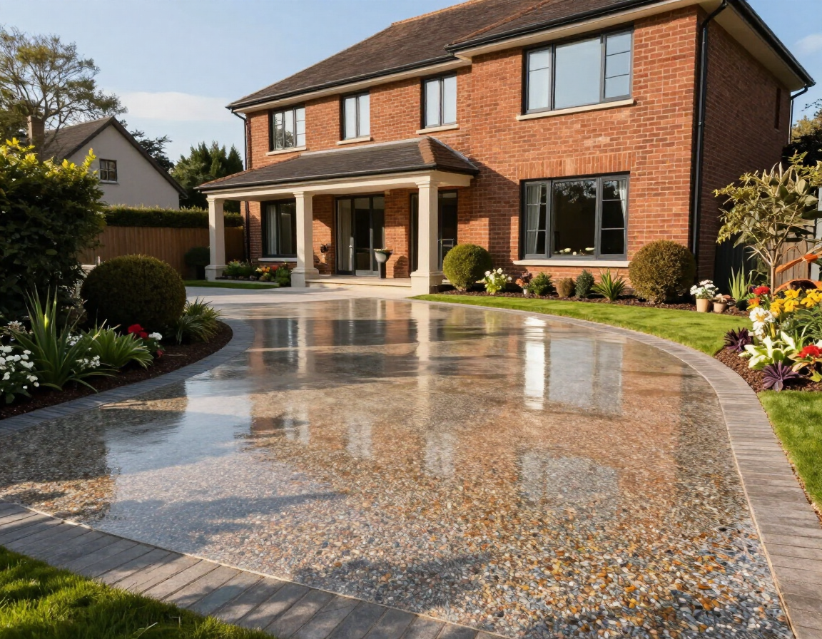 Brick house with a glossy wet driveway, front garden, and a covered porch on a sunny day