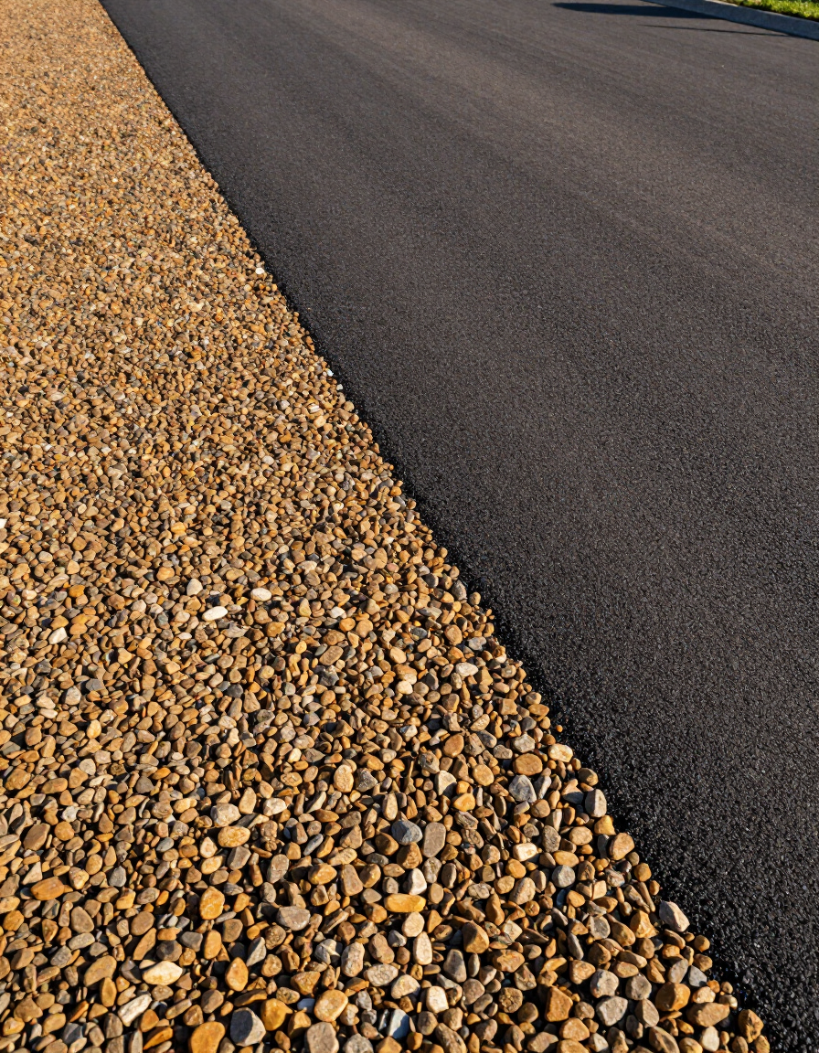 Gravel shoulder beside a dark asphalt road under bright sunlight