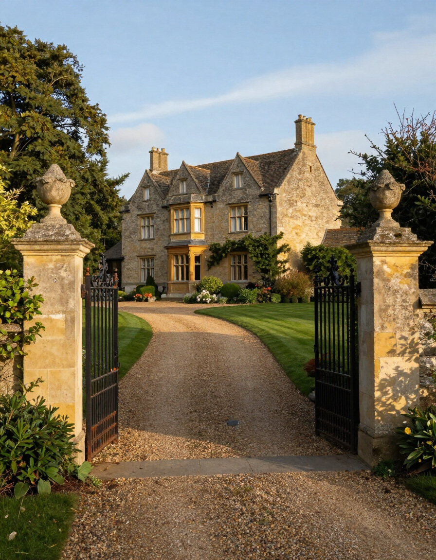 Stone manor house with a gravel drive, open gates, and manicured garden in warm sunlight