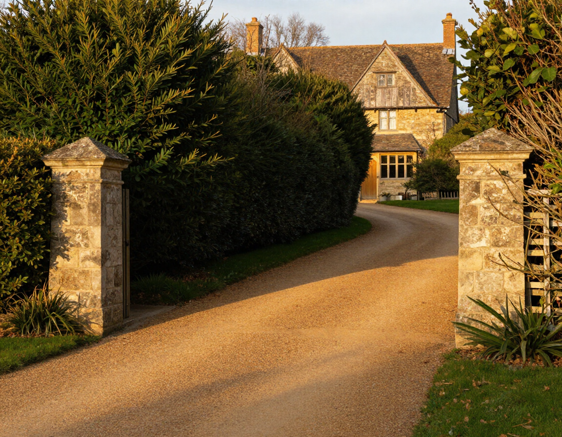 A stone house at the end of a gravel driveway, framed by hedges and gateposts in warm sunlight.