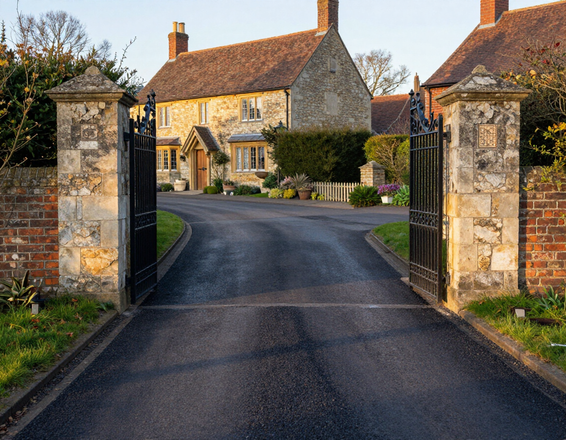 Stone gate opening to a country house with a curved driveway and hedges under warm sunlight
