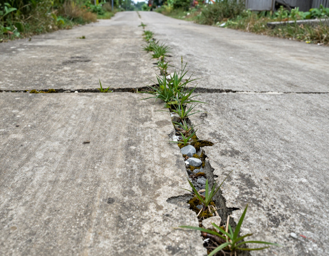 Cracked concrete road with weeds growing through the central seam