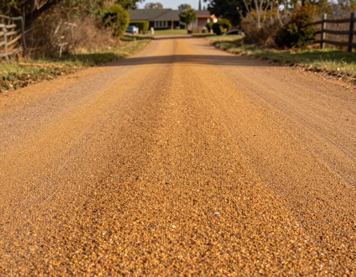 Gravel road leading to a house, lined with trees and fences on a sunny day