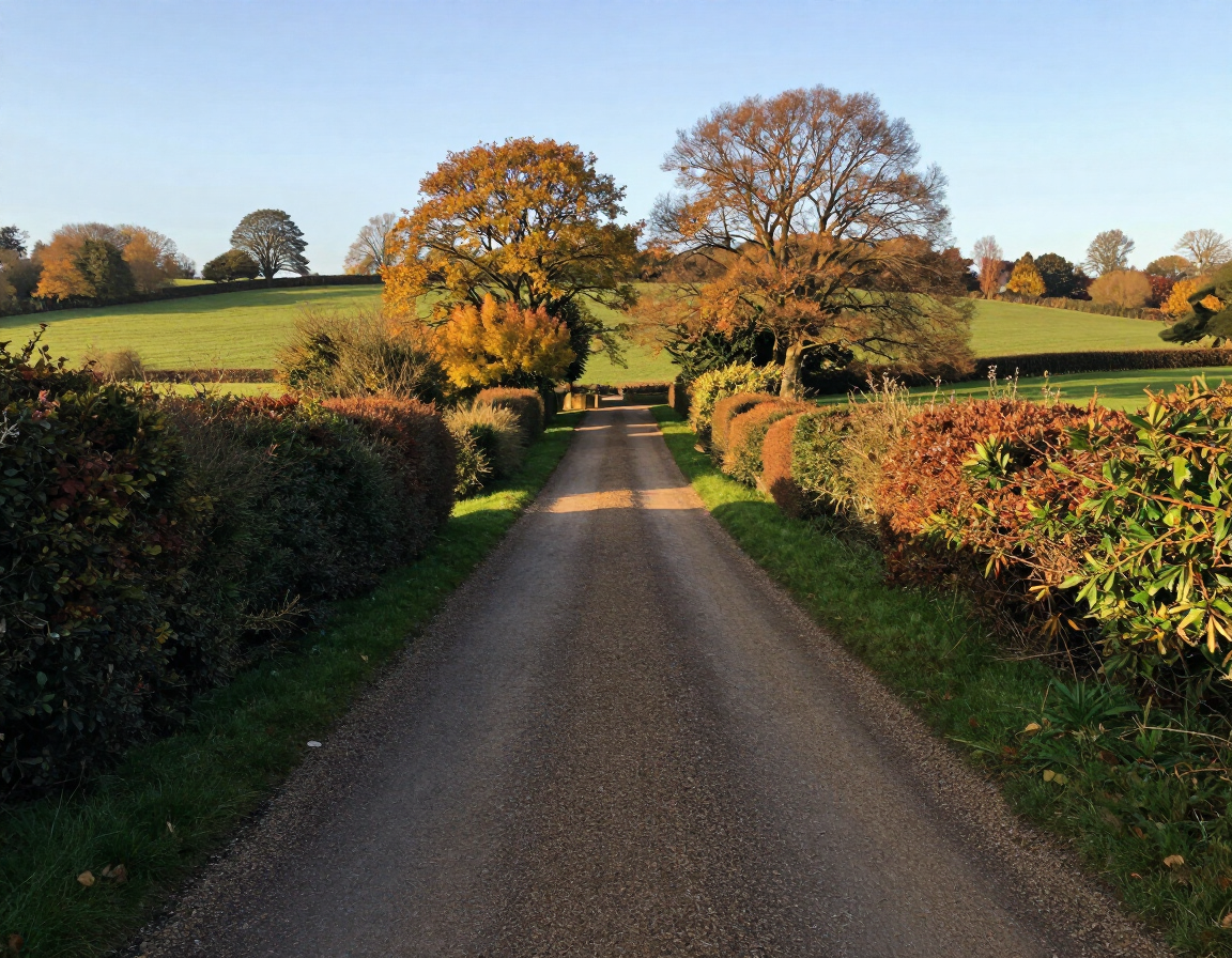 Country lane between hedges leading to trees and fields under warm sunlight