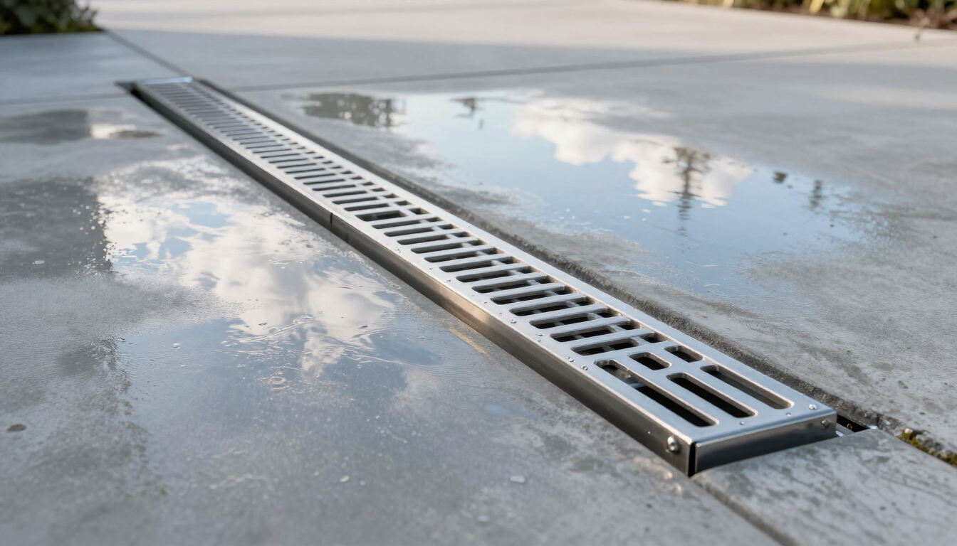 Metal drainage grate embedded in a wet concrete surface, with puddles reflecting clouds.