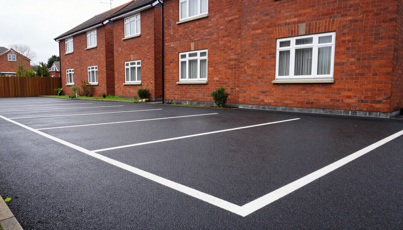 Empty wet parking lot beside red-brick apartment building with white windows.