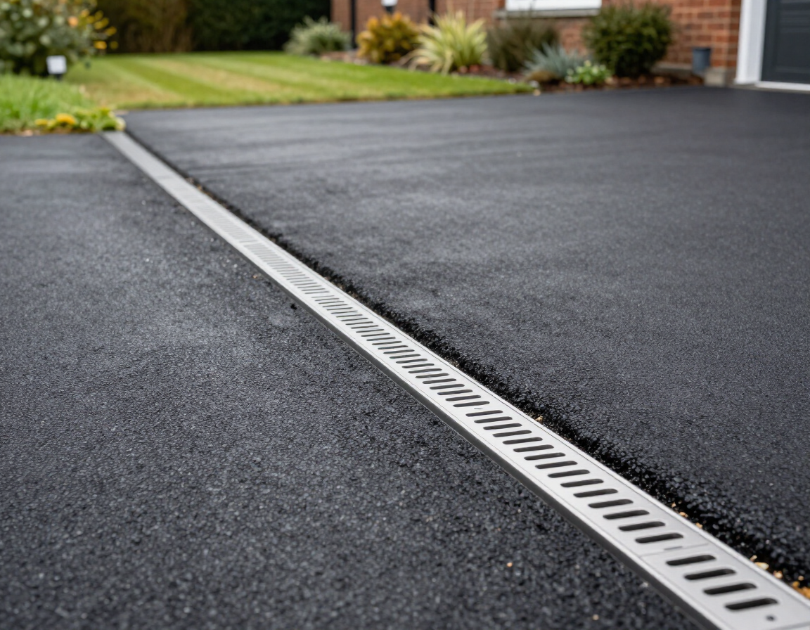Driveway with a linear metal drainage channel separating two dark asphalt surfaces near a house.