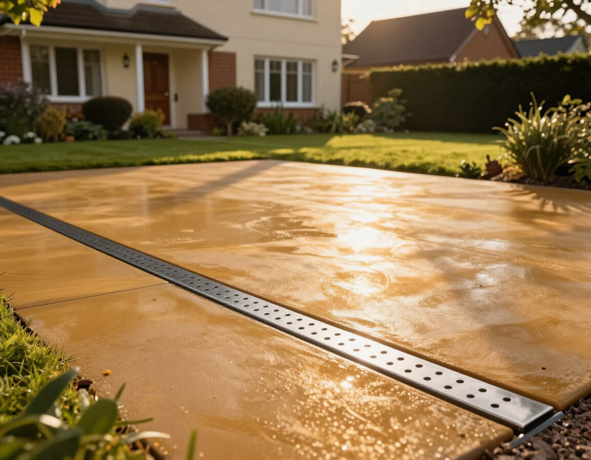 Freshly poured concrete driveway with a metal expansion joint in front of a house at sunset