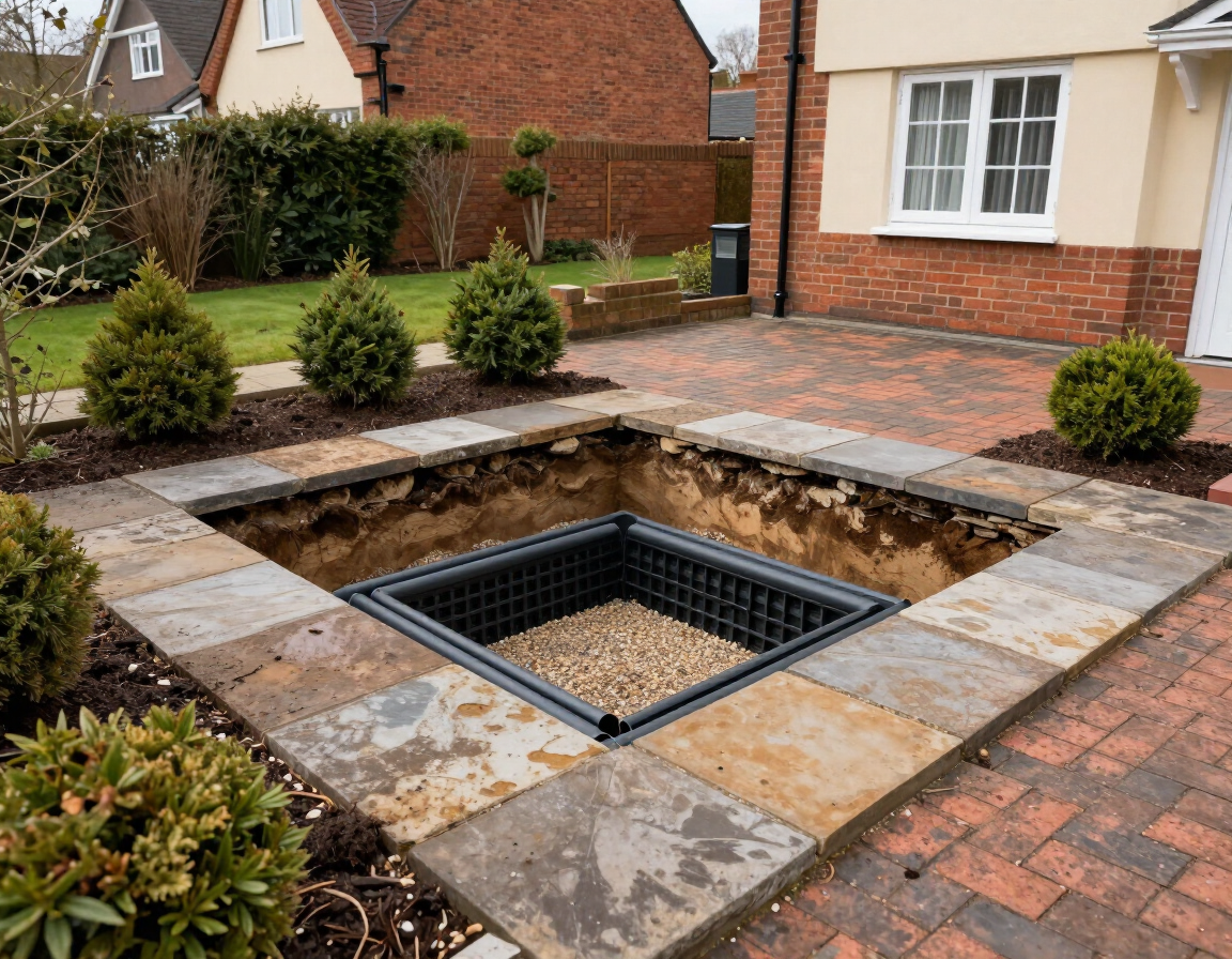 Backyard with a square sunken fire pit lined in stone and surrounded by brick patio paving