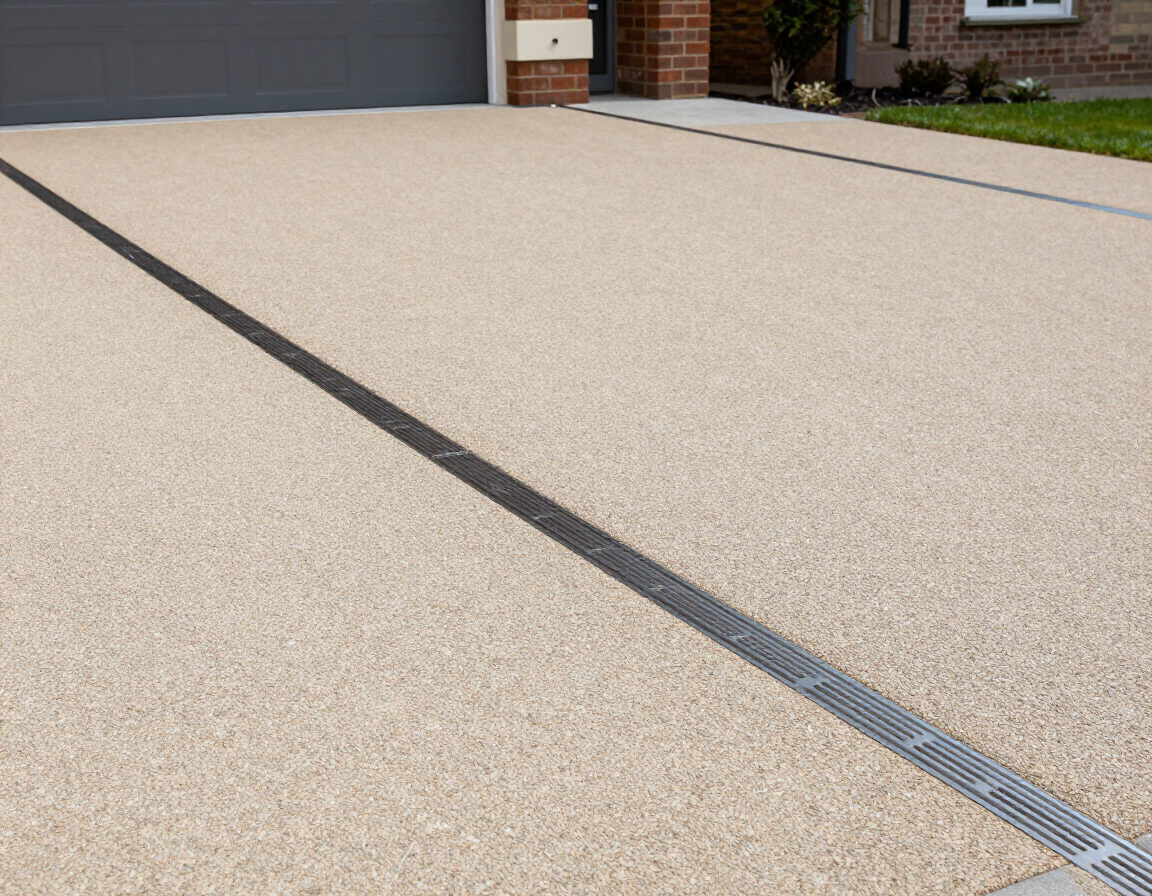 Textured tan driveway with a dark diagonal expansion joint leading to a house and garage entrance
