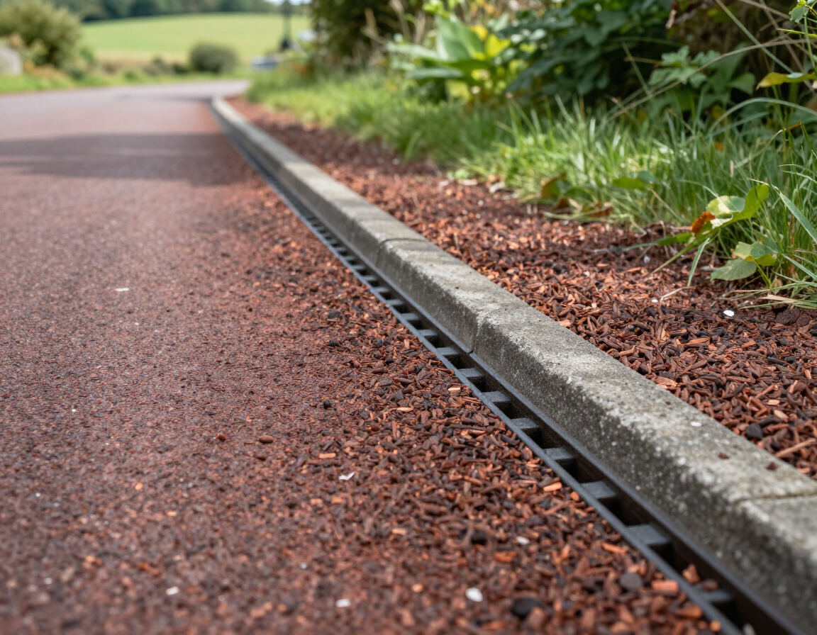 Close-up of a red gravel path beside a concrete curb and garden plants