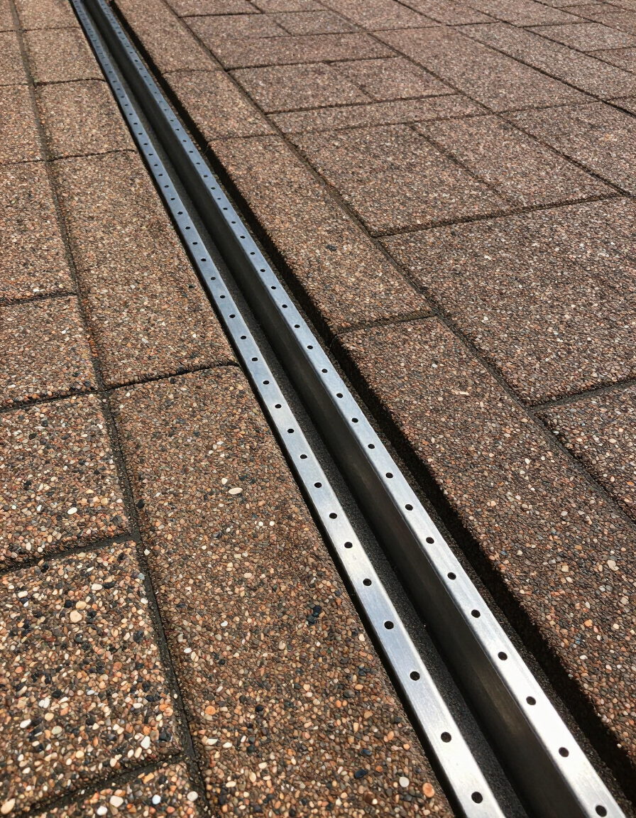 Close-up of roof shingles with two parallel metal roof expansion joints running diagonally