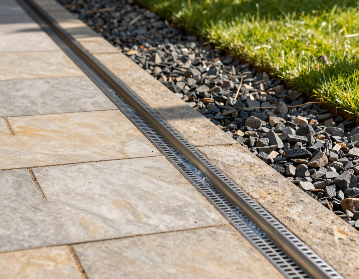 Stone patio with a linear metal drain beside gravel and grass.