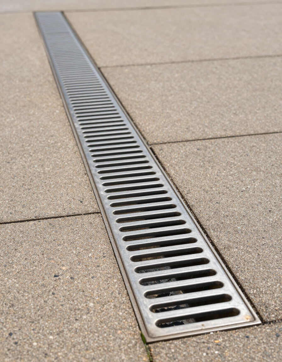 Long metal drainage grate set into a tan paved sidewalk.