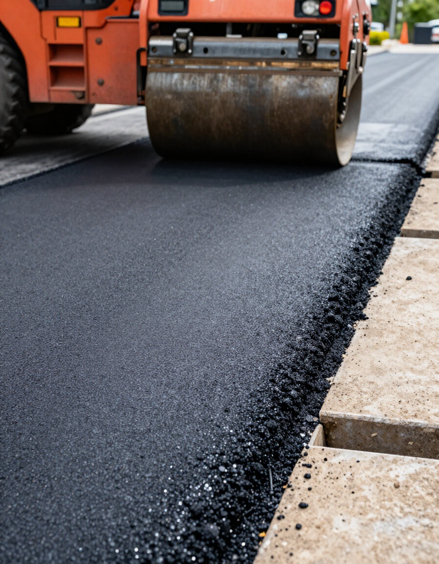 Road roller paving fresh black asphalt beside a curb on a street