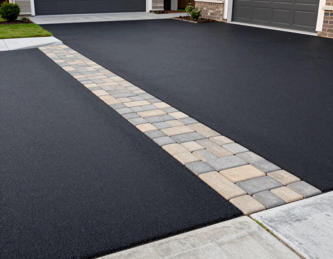 Driveway with dark asphalt and a diagonal light stone paver strip near garage doors