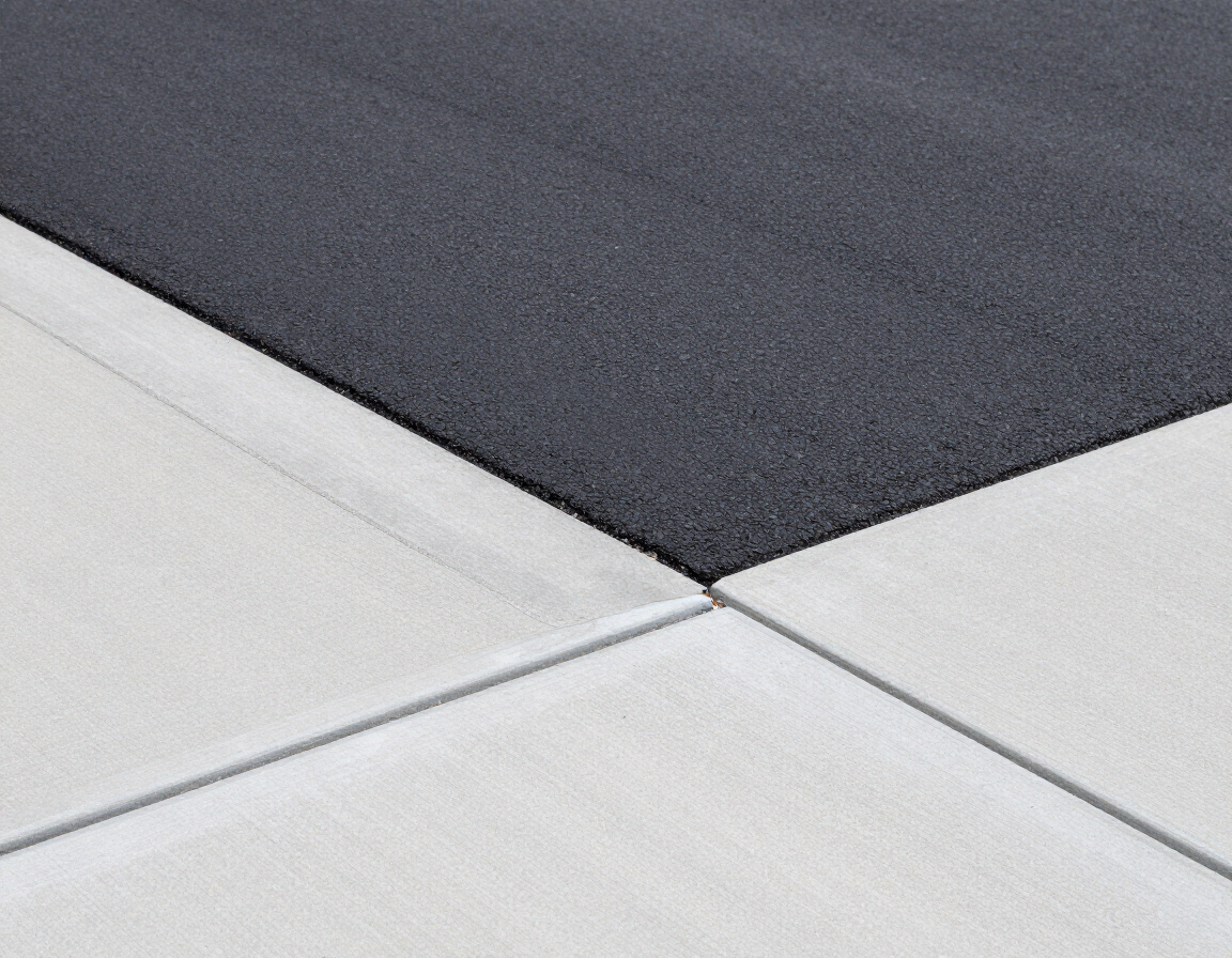 Close-up of dark and white pavement tiles meeting at a central seam
