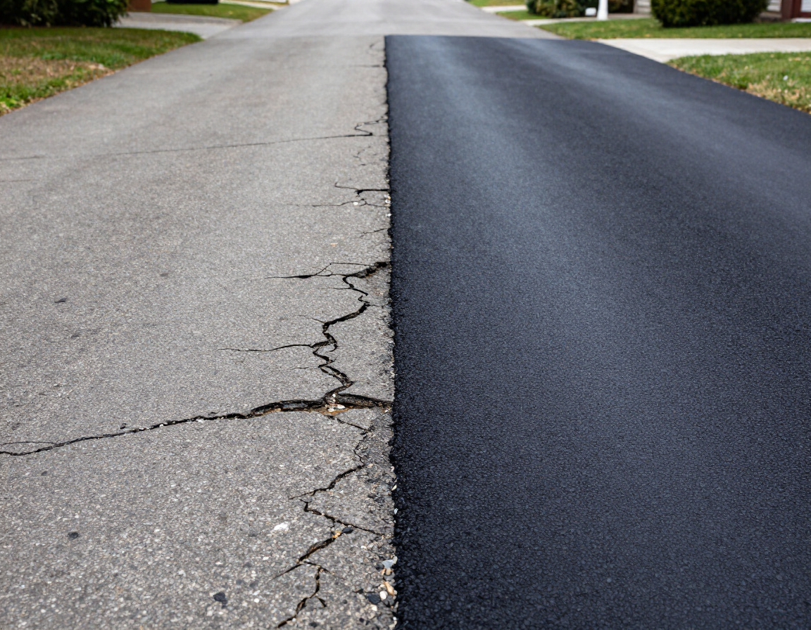 Cracked concrete road beside a newly resurfaced dark asphalt lane