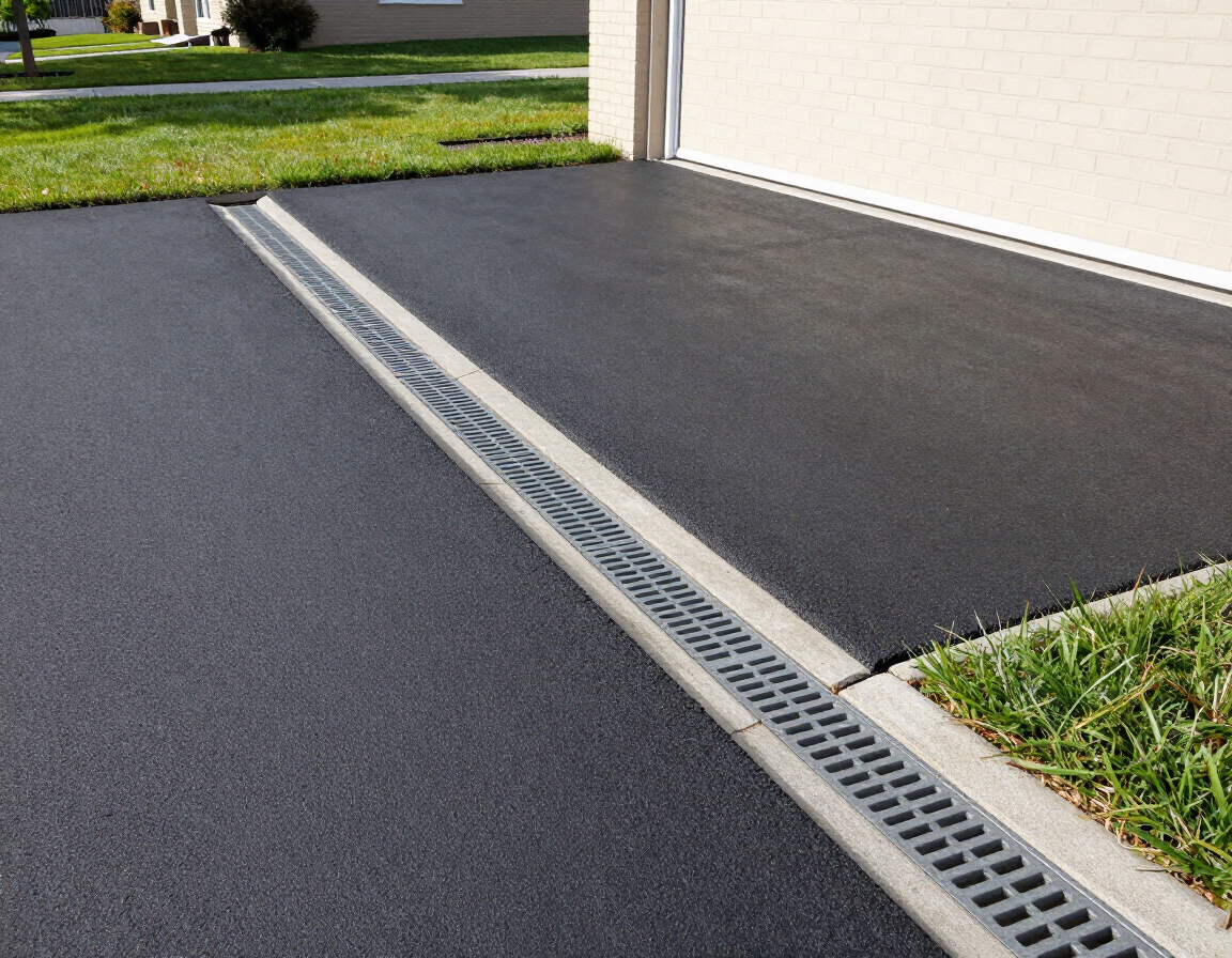 Driveway with a long metal drainage grate running beside a garage and grass edge