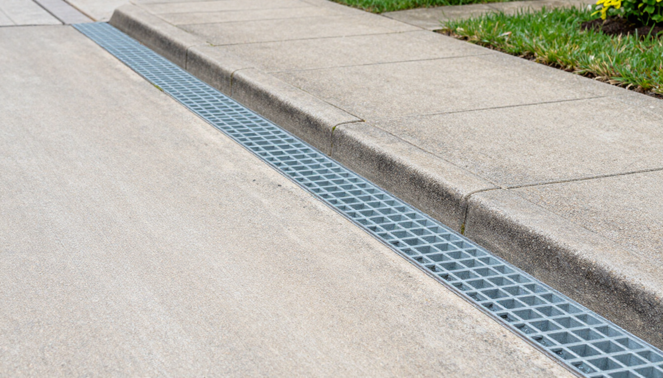 Concrete curb with a blue metal drainage grate along the edge of a paved street.