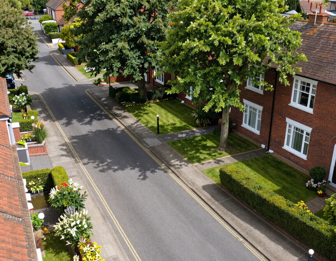 Quiet residential street with brick houses, trees, and flower-lined sidewalks in bright daylight
