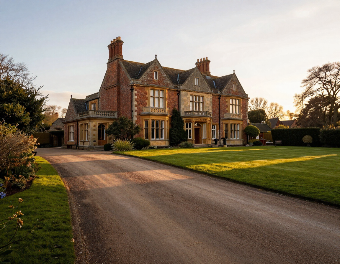 Large brick country house with a driveway and lawn at sunset