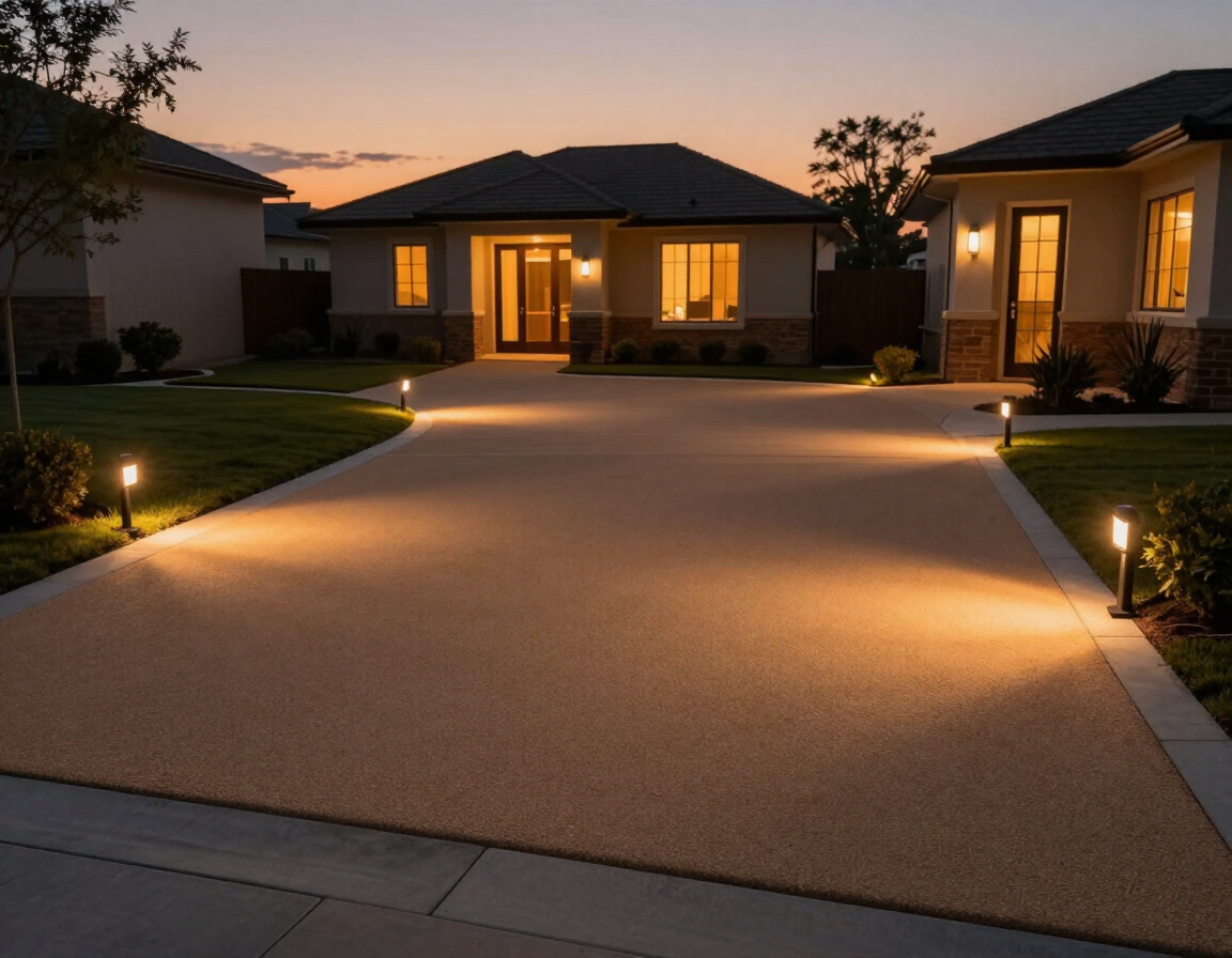 Modern house driveway at dusk, warmly lit by low landscape lights and front porch lights.