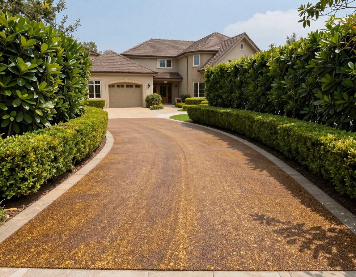 Curved driveway leading to a beige suburban house with manicured hedges and a garage