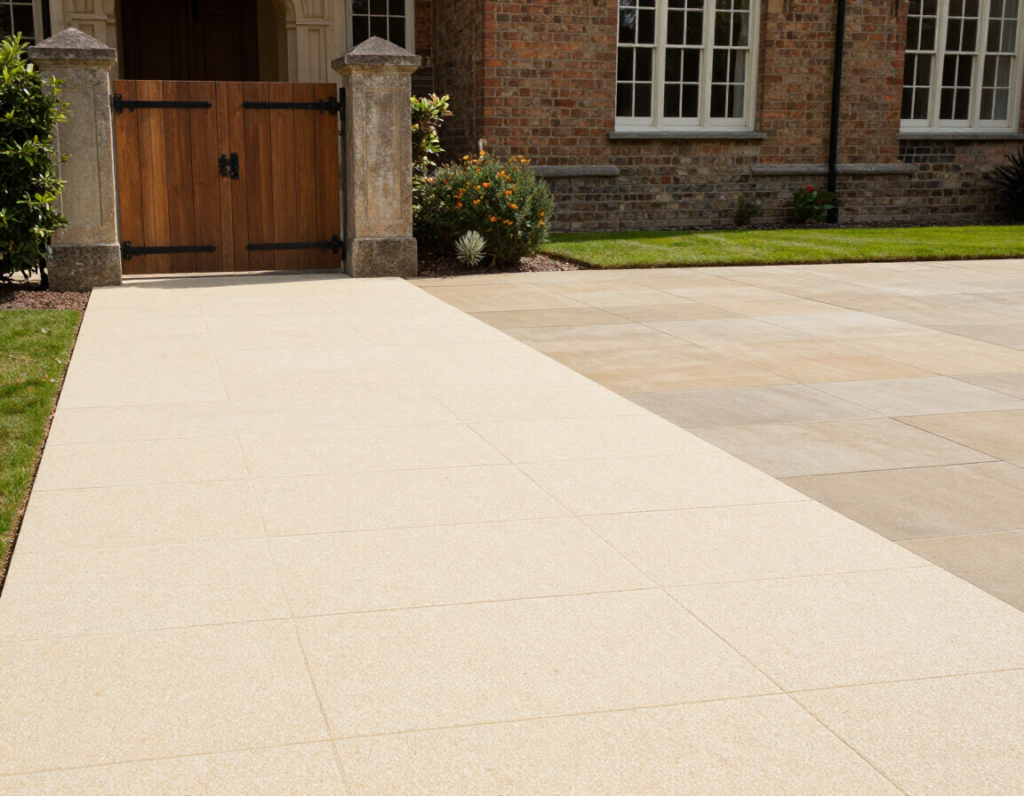Light beige driveway leading to a brick house with wooden gates and windows