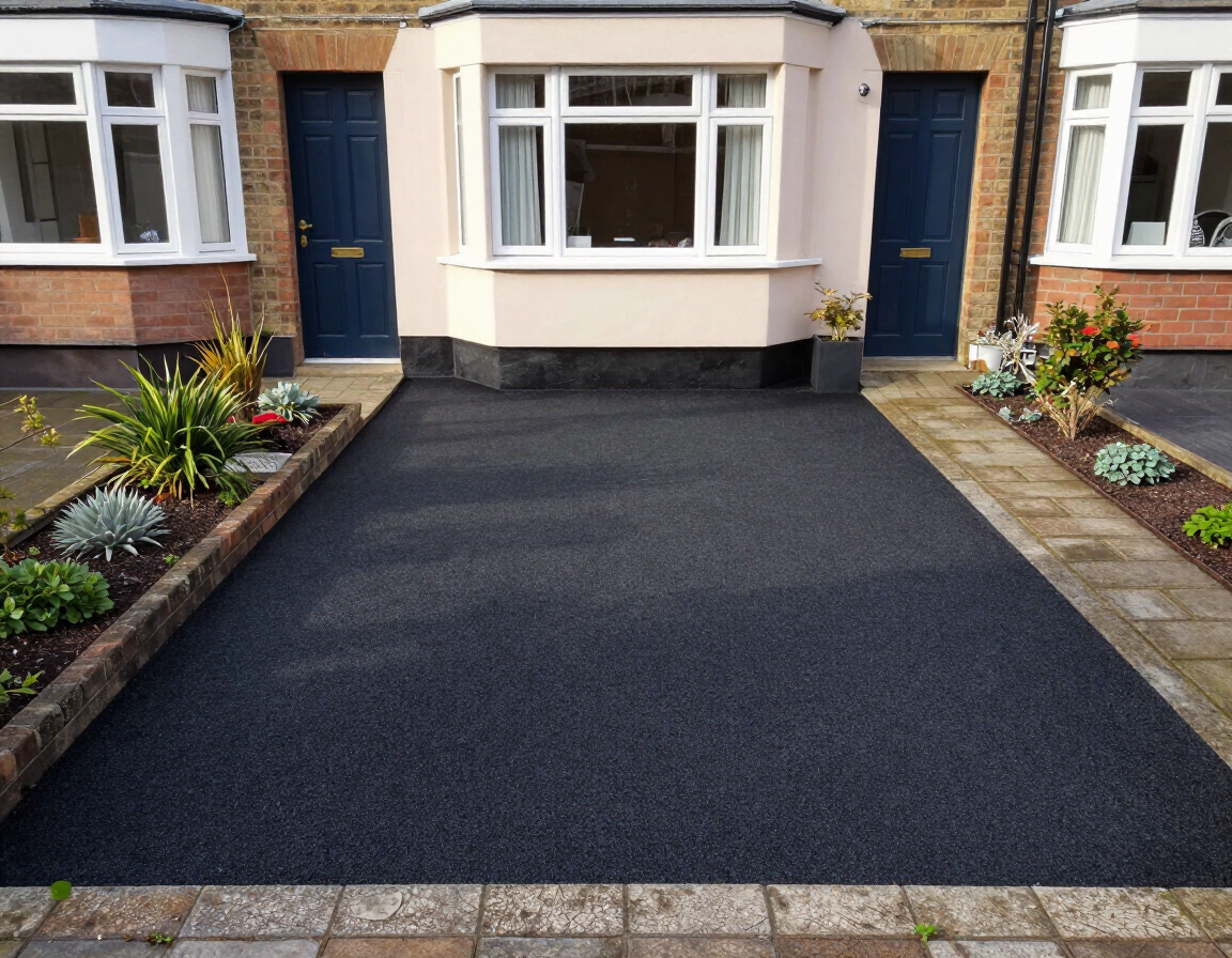 Freshly paved black driveway leading to a cream house with blue doors and flower beds on both sides