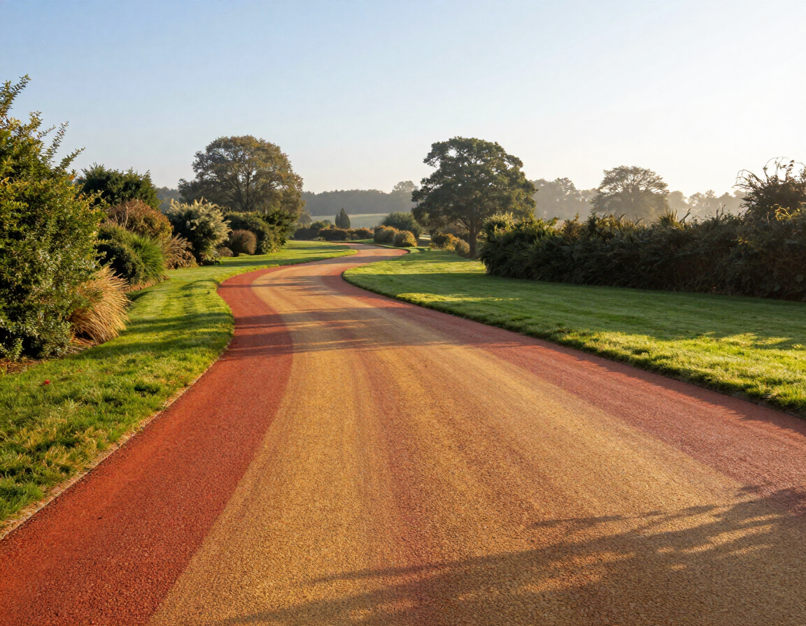 Curving red gravel road through green countryside at sunrise