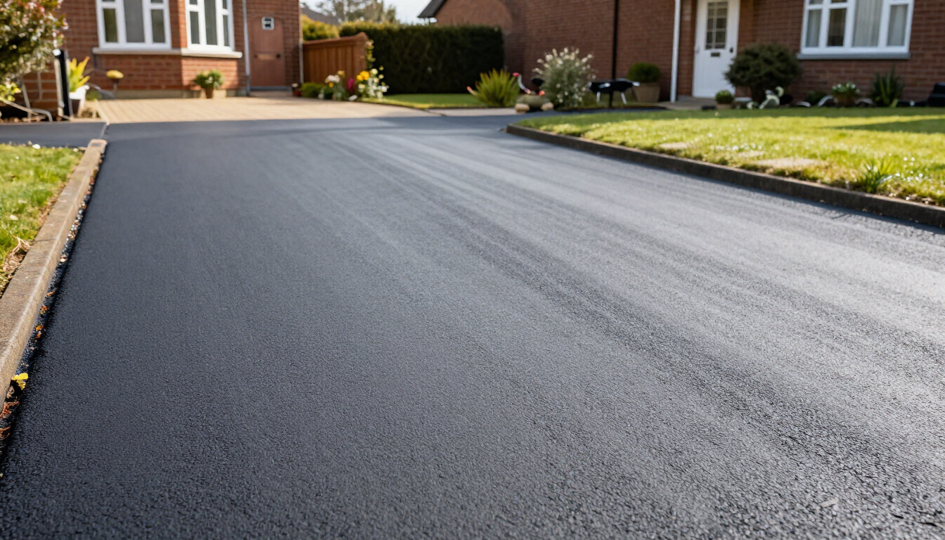 Freshly paved suburban driveway leading to brick houses with lawns on both sides