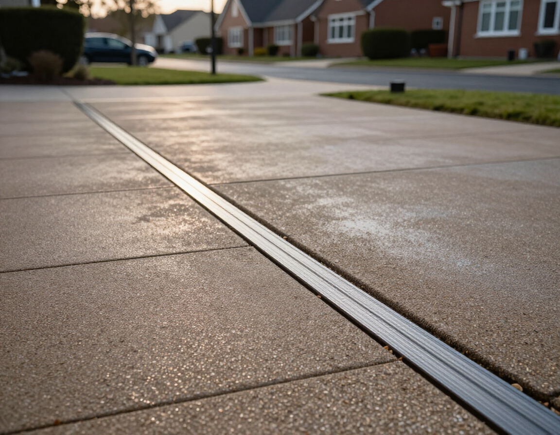 Close-up of a driveway expansion joint with wet concrete in a suburban neighborhood.