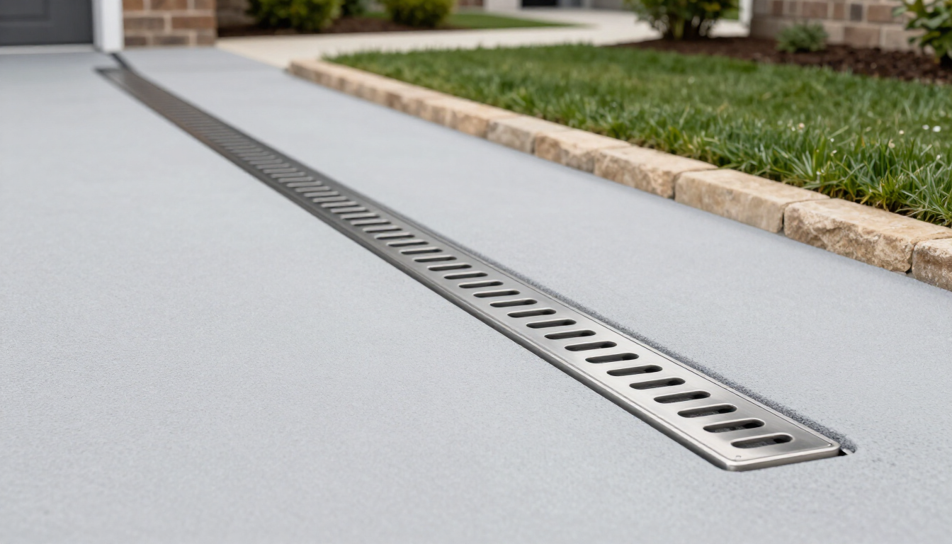 Outdoor driveway with a long metal trench drain beside a raised grass border