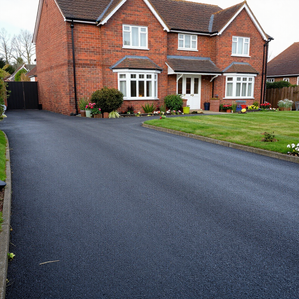 Freshly paved black driveway leading to a suburban house with green lawn and shrubs