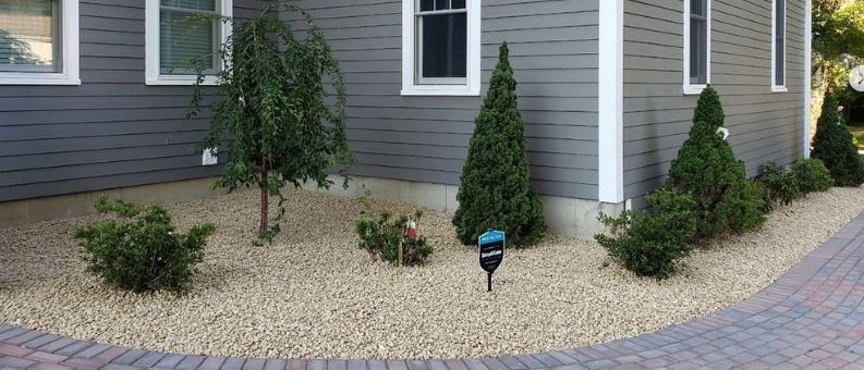 Landscaped yard with gravel, shrubs, and trees along the side of a gray house with white trim.