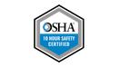 OSHA 10 Hour Safety Certified logo. Blue and white text on a blue background, contained in a gray and black hexagon.