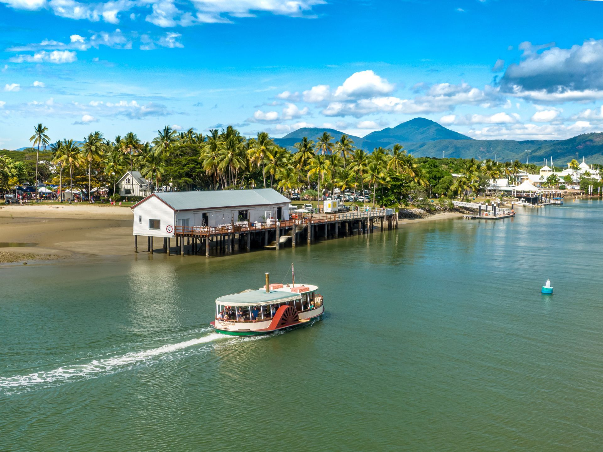 Lady Douglas cruise in Port Douglas with the Port Douglas Sugar Wharf in the background