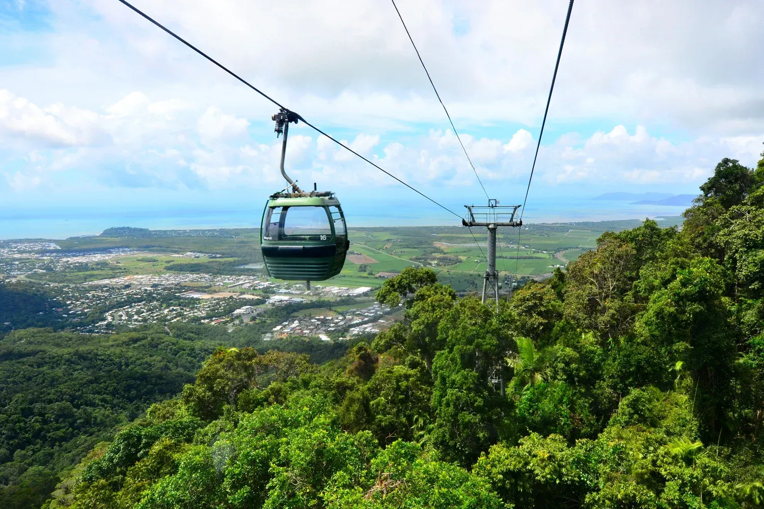 View of the Skyrail Rainforest Cableway experience in Kuranda with Cairns city in the background