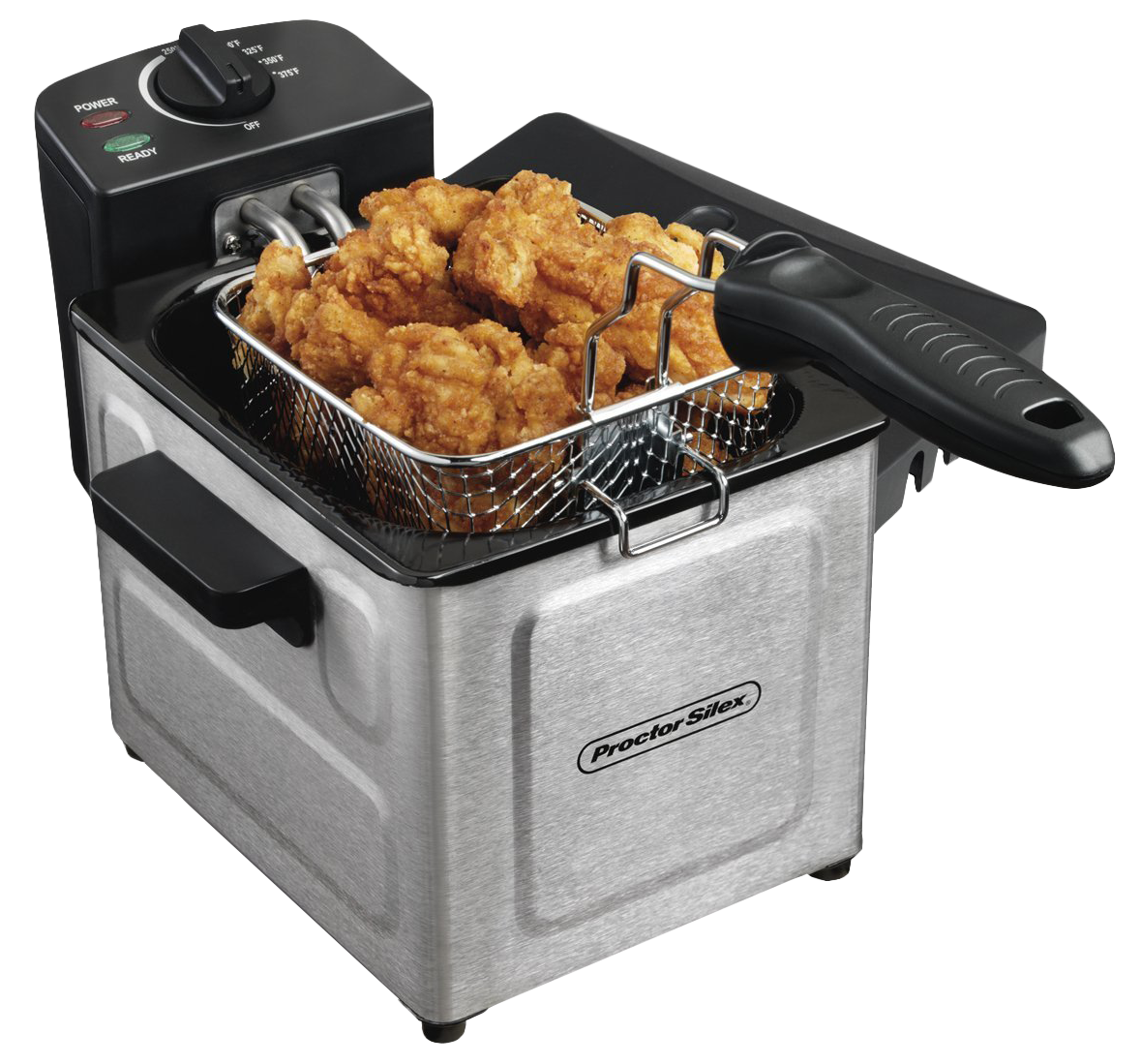 A deep fryer filled with fried chicken on a white background