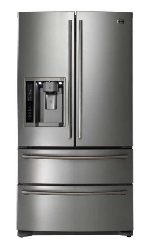 A stainless steel refrigerator with a water dispenser on the door