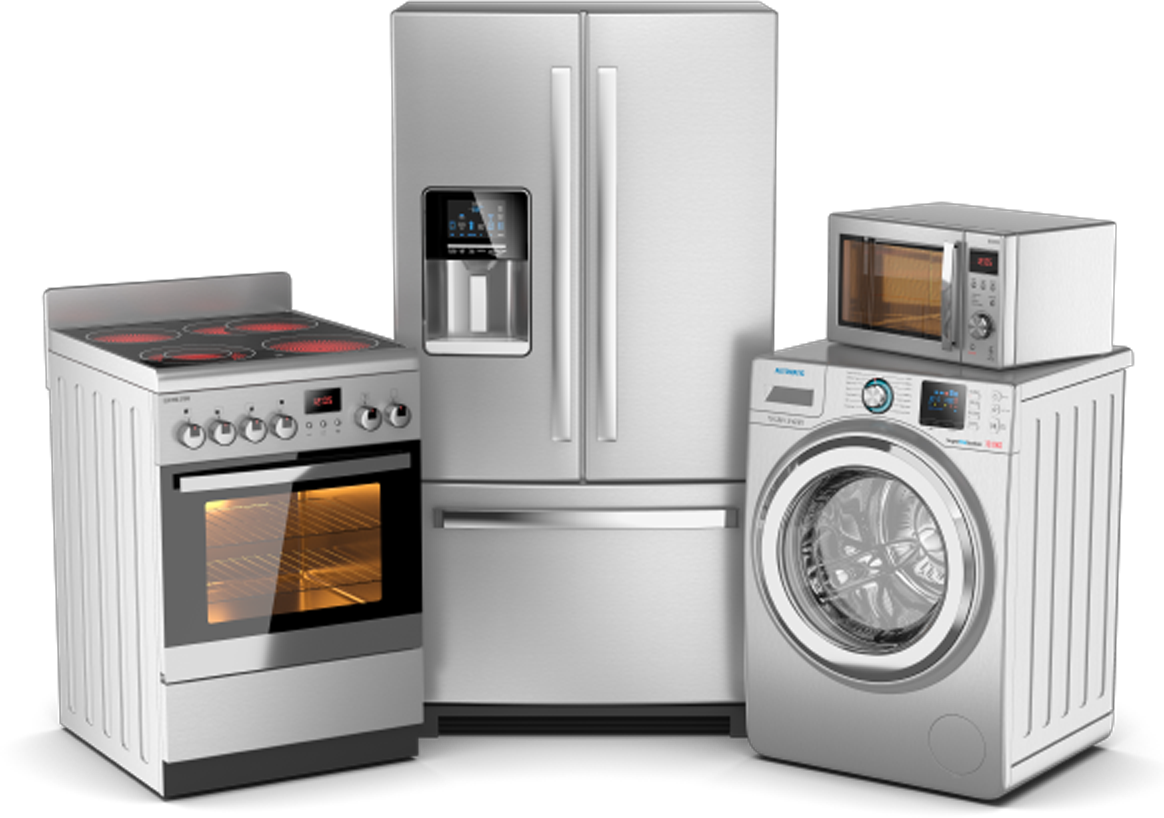 A refrigerator , stove , washer and microwave are sitting next to each other on a white background.