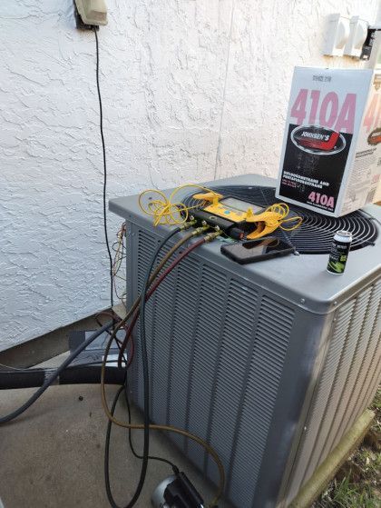 A box of 410A refrigerant is sitting on top of an air conditioner.