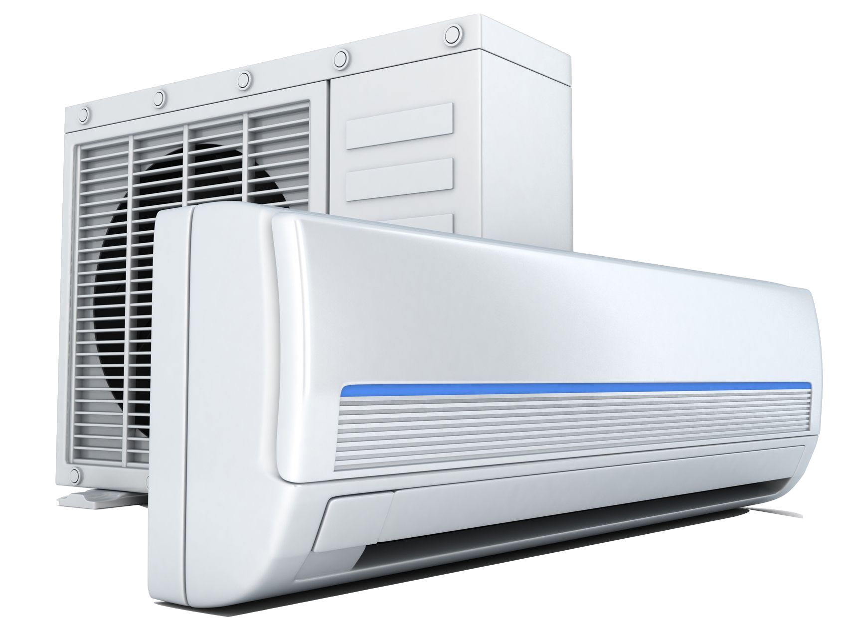 Two white air conditioners are sitting next to each other on a white background.