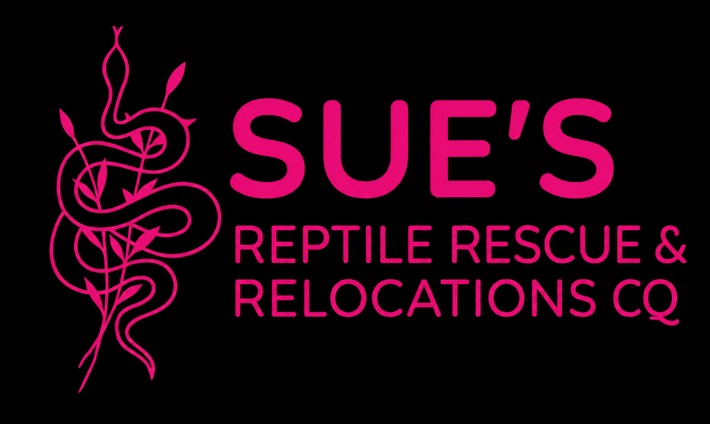 Pink logo with snake icon and text “Sue’s Reptile Rescue & Relocations CQ”