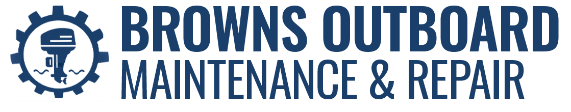Browns Outboard Maintenance & Repair logo with blue gear and outboard motor icon