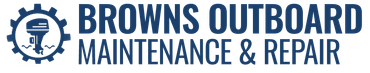 Browns Outboard Maintenance & Repair logo with blue gear and outboard motor icon